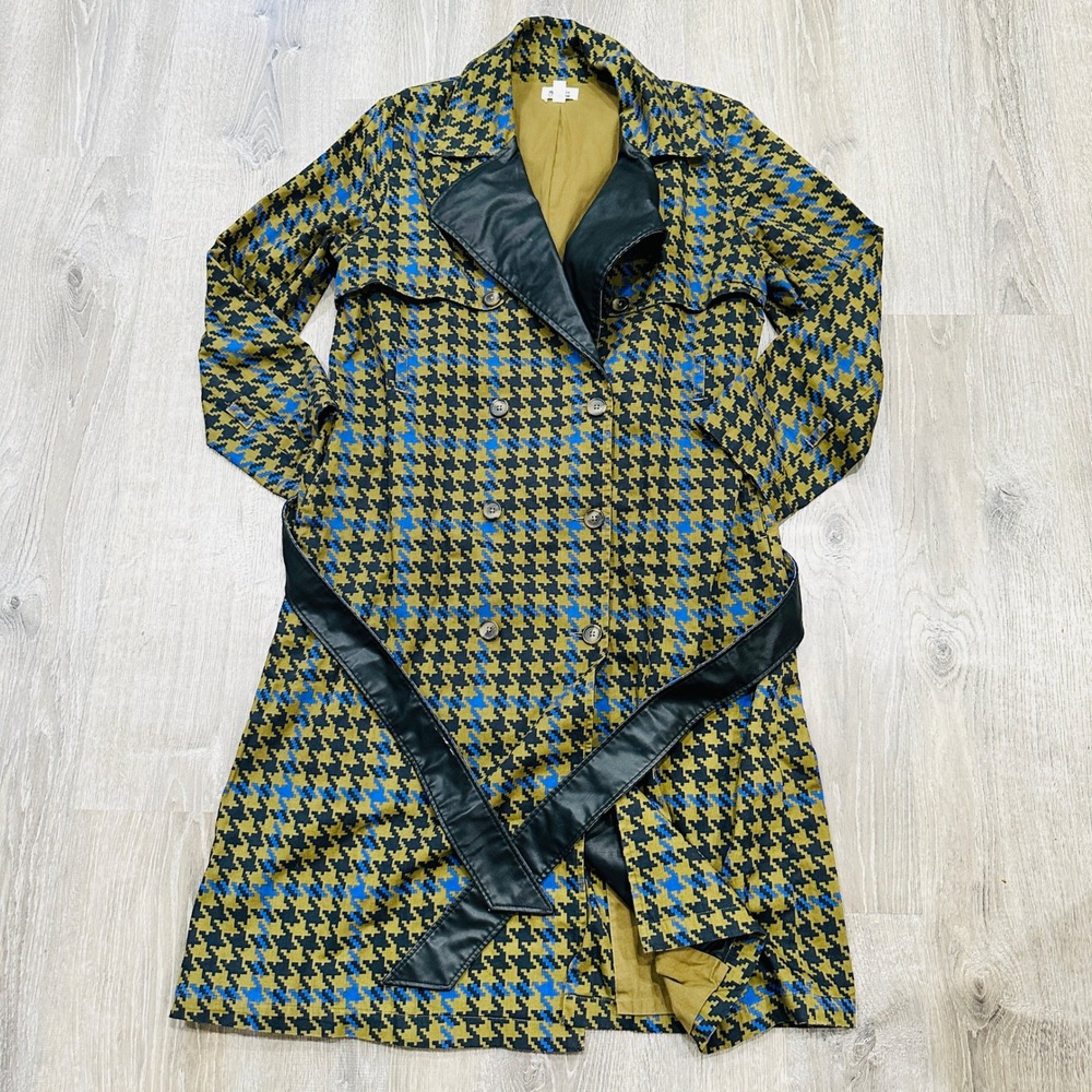 The Drop signedblake Houndstooth Trench Coat Olive Blue Faux Leather Trim M - Picture 2 of 16